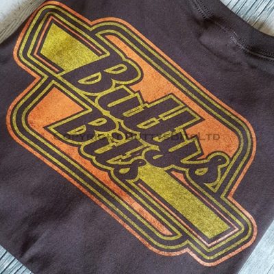 "Buttys Bits" Chocolate Brown T`shirt with Orange and Yellow distressed Retro logo