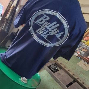 “Buttys Bits” Dark Blue T`shirt with Grey Oval logo